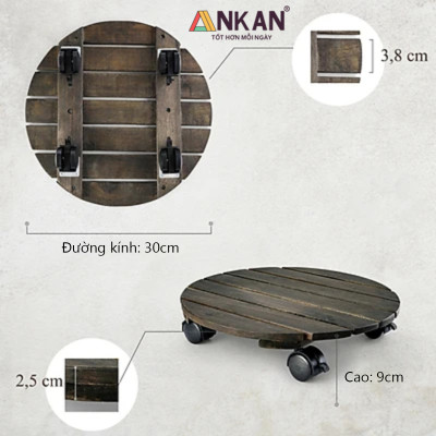 Đế Lót Chậu Cây Có Bánh Xe Thương Hiệu ANKAN, Kệ Để Chậu Cây Cảnh, Có Bánh Xe, Mặt Tròn Bằng Gỗ Tràm, Màu Đen Đường Kính 30 Cm, Tải Trọng 80kg, Thích Hợp Để Đặt Chậu Cây Trong Nhà, Ngoài Trời, Tiện Lợi Di Chuyển
