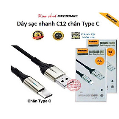 Dây sạc nhanh 3A Hiệu Ham mer ( H-C12-C ), Chân TypeC, Có đèn báo hàng chính hãng