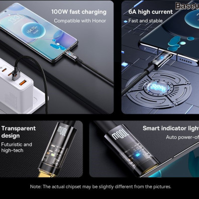 Cáp Sạc Baseus Explorer Series Auto Power-Off Fast Charging Data Cable USB to Type-C 100W Tự Ngắt, truyền dữ liệu, sạc nhanh, có đèn led- Hàng chính hãng