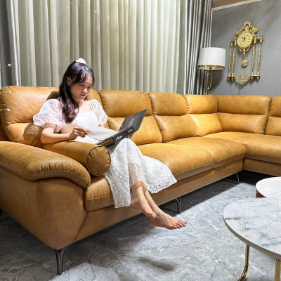 Sofa góc L da bò Italy Juno sofa màu vàng bò – SFLCT01 3m3 x 2m8 hàng cao cấp chuẩn da bò nhập khẩu Ý