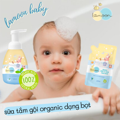 COMBO Sữa tắm gội Organic cho bé từ sơ sinh dạng bọt Lamoon dạng Bình 250ml + Túi refill 220ml