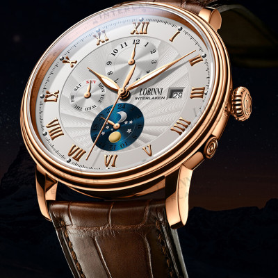 Đồng hồ nam chính hãng LOBINNI Ref.1023-1 (Phiên bản đặc biệt Limited)  Kính sapphire nguyên khối ,chống xước,chống nước 50m,mặt trắng vỏ vàng hồng dây da nâu xịn, thép không gỉ 316L,Đồng hồ cơ (Automatic) bảo hành 24 tháng,thiết kế đơn giản và sang trọng