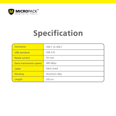Cáp Sạc MicroPack POWER LINK MC-CC23 Sạc Nhanh USB-C to C Dòng Điện Tối Đa 3A Dệt Bằng Sợi Kevlar Siêu Bền Hàng Chính Hãng