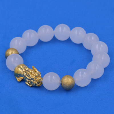 Chuỗi đeo tay Thạch Anh Trắng 12 ly - cẩn Tỳ Hưu Phong thủy inox vàng VTATTHHBV12 - hợp mệnh Kim, mệnh Thủy