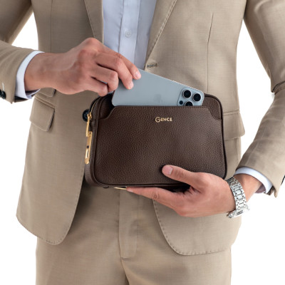 Ví Nam Cầm Tay Clutch Da Hàng Hiệu GENCE RB05 Da Bò Khóa Vân Tay Cao Cấp Màu Nâu