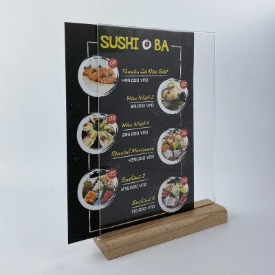 Kệ mica 2 mặt Enter E44 100x150mm đế gỗ A6 đứng, Kệ menu nhà hàng, Standee mica để bàn, Bảng quét mã QR Code