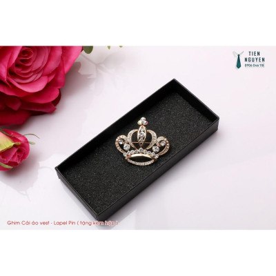 Ghim cài áo - ghim cài áo vest cưới Vương miện đính đá, tặng kèm hộp