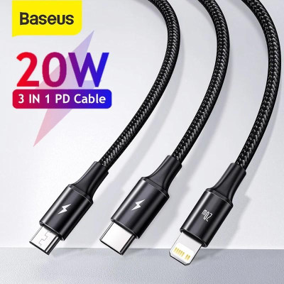  Cáp sạc nhanh Baseus Rapid Series 3 in 1 Type-C to C+L+C PD 20W 1.5m- hàng chính hãng.