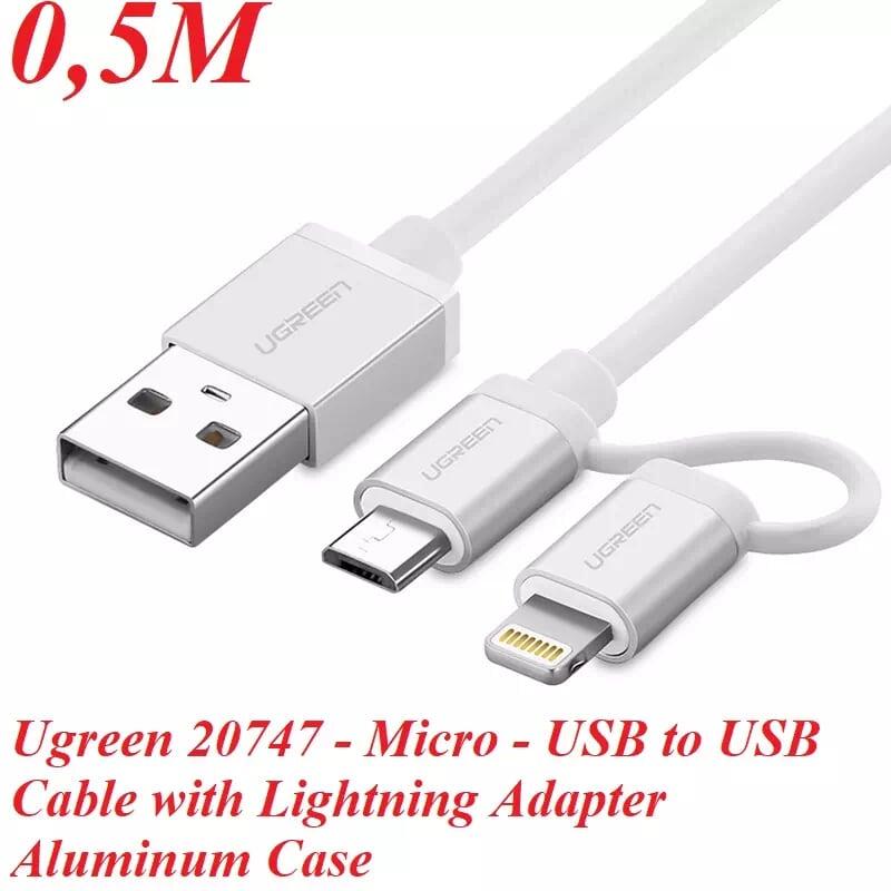 Ugreen UG20747US165TK 0.5M màu Trắng Cáp sạc đa năng USB sang MicroUSB + Lightning - HÀNG CHÍNH HÃNG