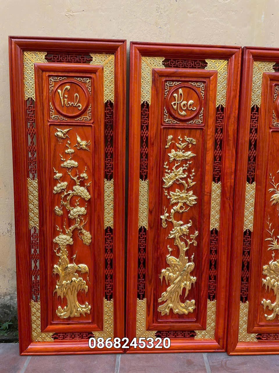 Tranh tứ quý bốn mua trong năm ,xuân ,hạ ,thu ,đông ,bằng gỗ hương đỏ sơn pu dát vàng cao cấp kt 37×107×3cm