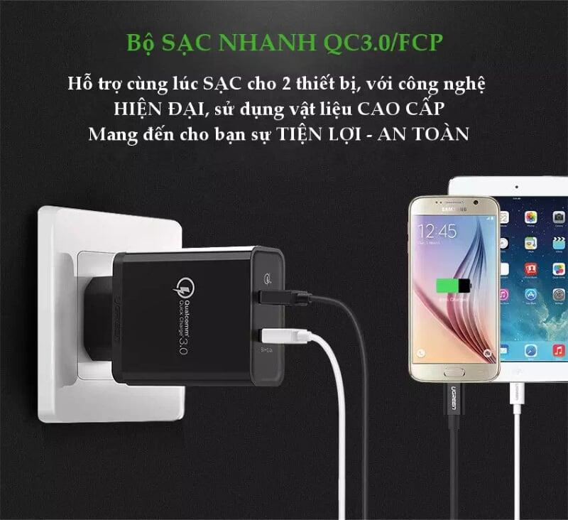 Ugreen UG30599CD132TK 30W màu Đen Củ sạc nhanh 2 cổng USB chuẩn QC 3.0 + 2.4A - HÀNG CHÍNH HÃNG