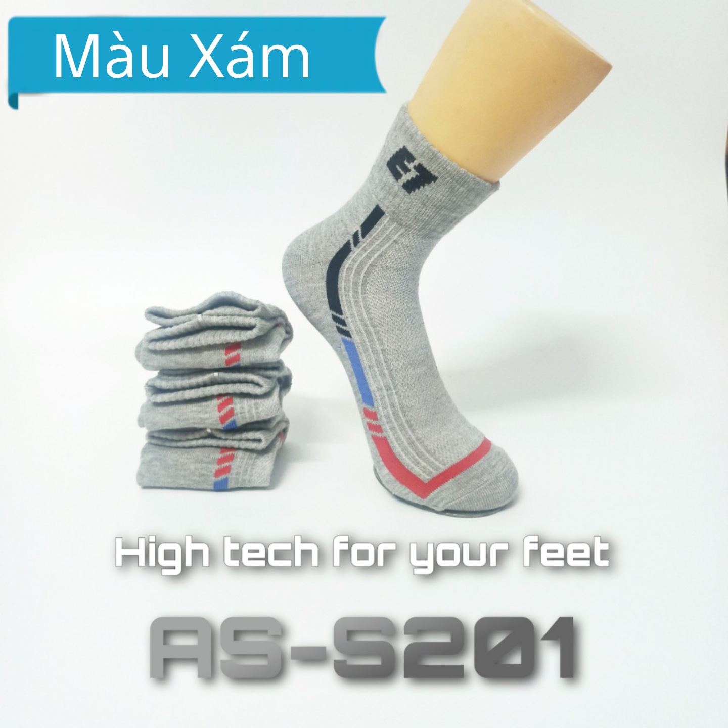 Vớ Tất Thể Thao Cổ Trung Cotton Cao Cấp AS-S201. Dày dặn, mềm mại, kháng khuẩn khử mùi, không hôi chân. 4 màu: Trắng, Đen, Xanh, Xám