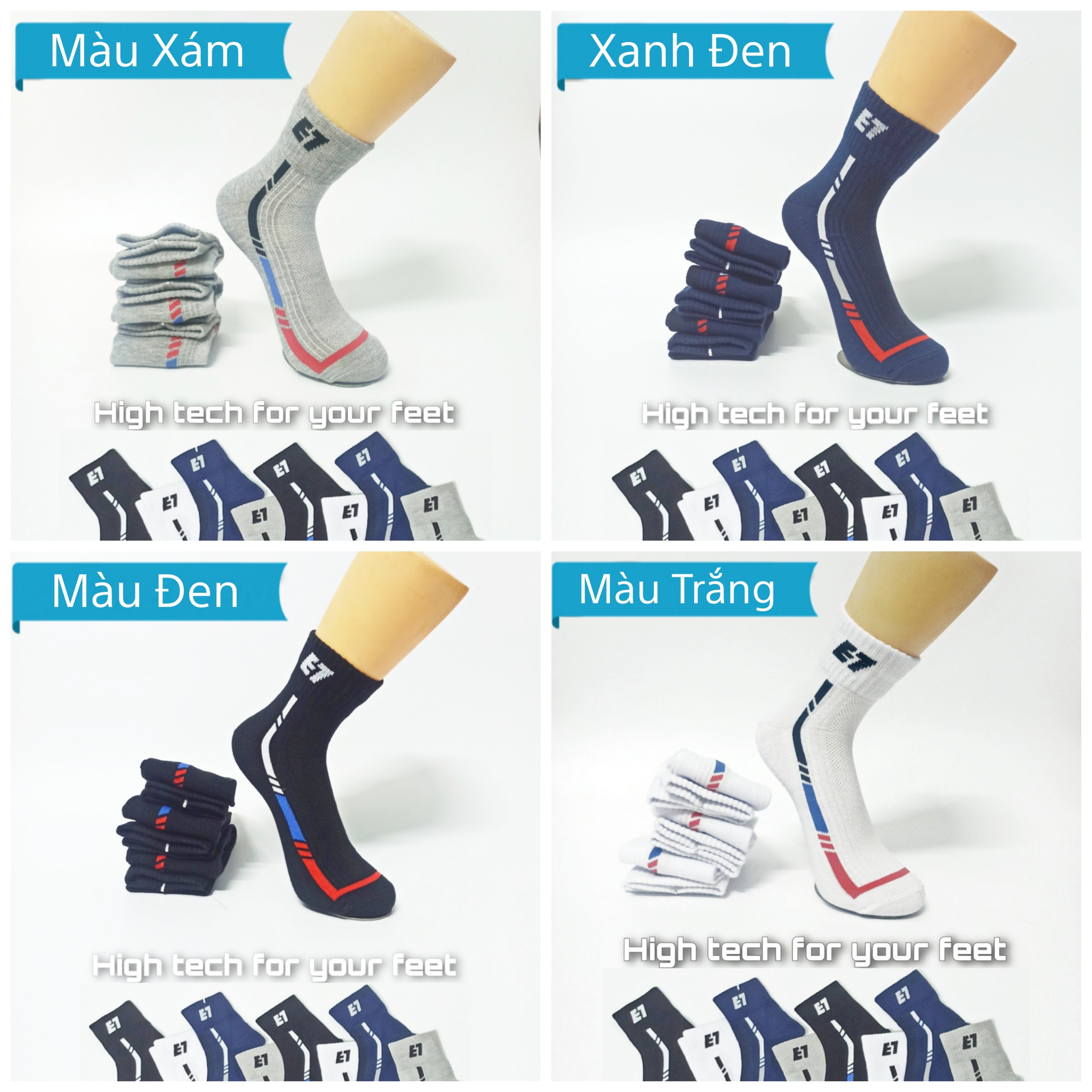 Vớ Tất Thể Thao Cổ Trung Cotton Cao Cấp AS-S201. Dày dặn, mềm mại, kháng khuẩn khử mùi, không hôi chân. 4 màu: Trắng, Đen, Xanh, Xám