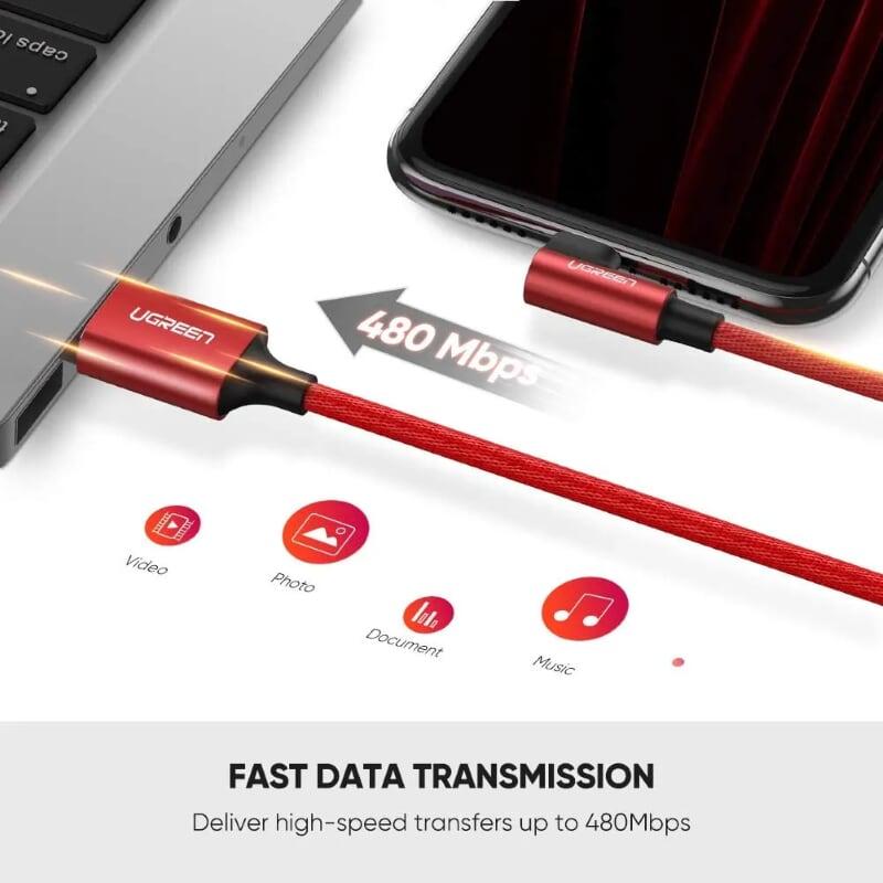 Ugreen UG60555US299TK 1m cáp usb lightning bọc nhôm chống nhiễu góc 90 độ màu đỏ - HÀNG CHÍNH HÃNG