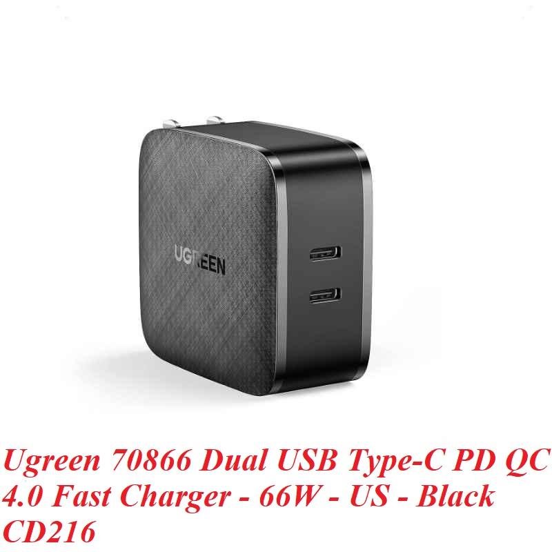 Ugreen UG70866CD216TK 66W 2c QC4.0 chuẩn cắm US Màu Đen Củ sạc nhanh 2 cổng USB type C - HÀNG CHÍNH HÃNG