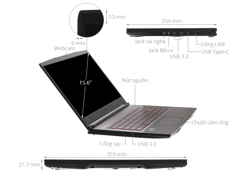 Máy Tính Xách Tay Laptop MSI GF63 Thin 11UC-444VN (i5 11400H/8GB/512GB/15.6"FHD/NVIDIA GeForce RTX 3050 4GB/Win10_ Đen) - Hàng Chính Hãng