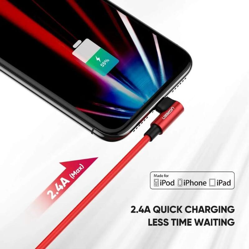Ugreen UG60555US299TK 1m cáp usb lightning bọc nhôm chống nhiễu góc 90 độ màu đỏ - HÀNG CHÍNH HÃNG