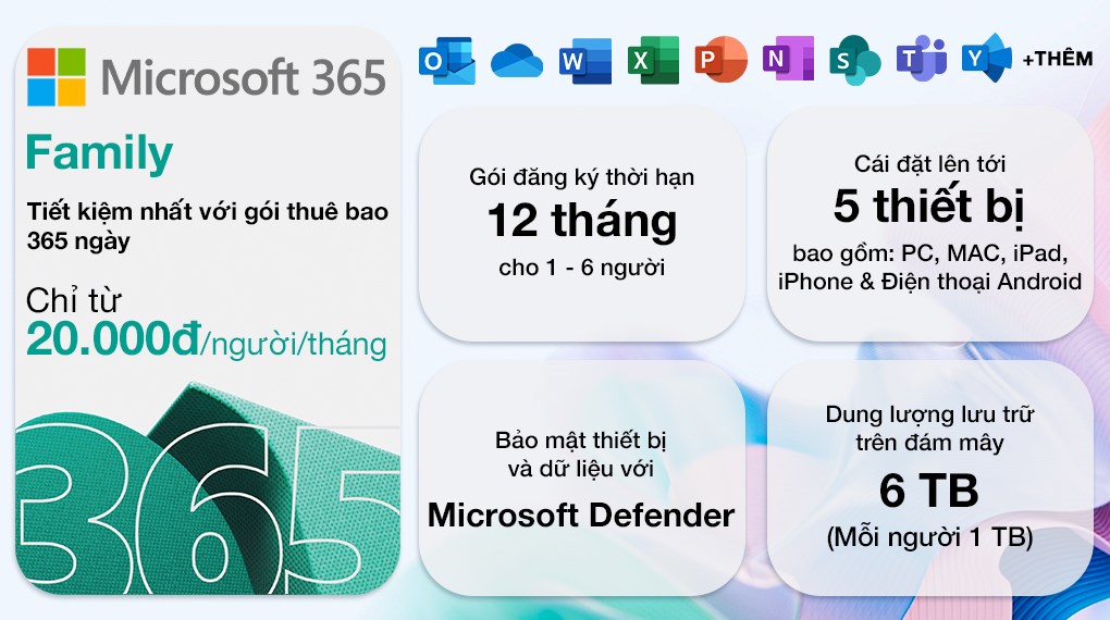 KEY ĐIỆN TỬ Phần mềm Microsoft 365 Family EP2-36890 | 12 tháng | Dành cho tối đa 6 người | 5 thiết bị/tài khoản| Word, Excel, PowerPoint | 1TB OneDrive