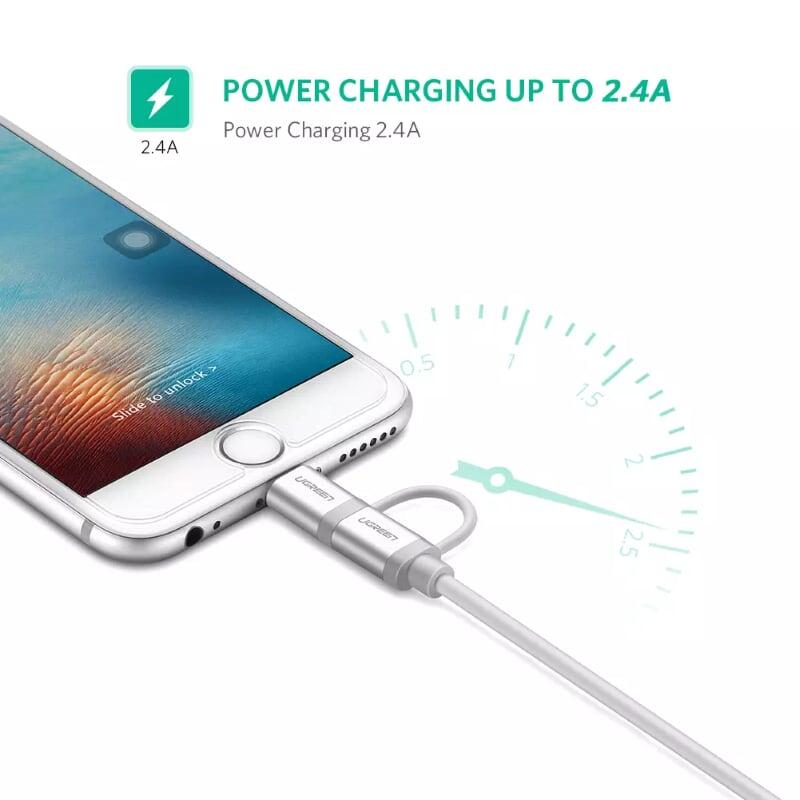 Ugreen UG20747US165TK 0.5M màu Trắng Cáp sạc đa năng USB sang MicroUSB + Lightning - HÀNG CHÍNH HÃNG