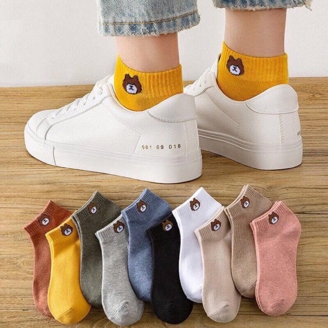 Combo 10 đôi tất hoa cúc , gấu nữ ,cổ ngắn nhiều màu dễ thương vải cotton , khử mùi , kháng khuẩn kèm túi dây rút xinh xắn cute cho phái nữ