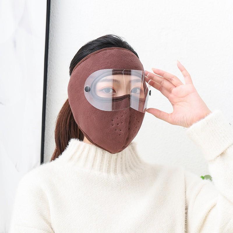 Khẩu trang ninja vải nỉ kính bảo vệ mắt dán gáy che kín tai chạy xe phượt nam nữ - khau trang ni - Nâu có kính