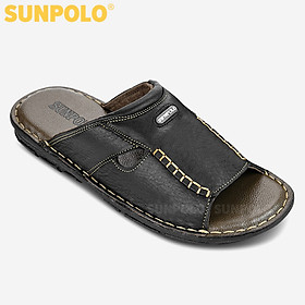 Dép Nam Quai Ngang Da Bò Cao Cấp SUNPOLO SUA12D - Đen