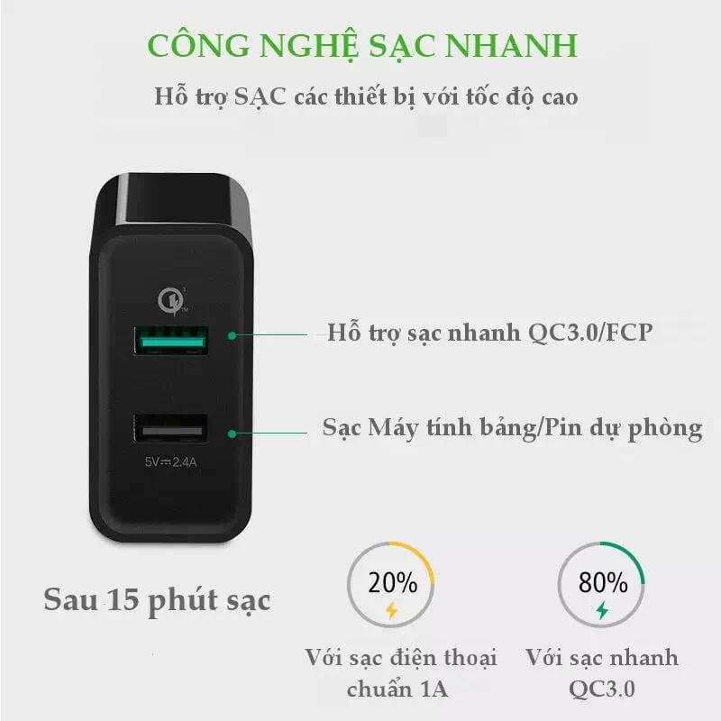 Ugreen UG30599CD132TK 30W màu Đen Củ sạc nhanh 2 cổng USB chuẩn QC 3.0 + 2.4A - HÀNG CHÍNH HÃNG