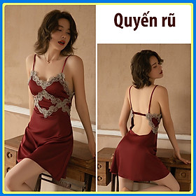 Váy ngủ lụa hai dây ren ngực hình thôi hở lưng quyến rũ Q83 - Đầm ngủ lụa 2 dây - Đồ ngủ nữ sexy - Váy ngủ 2 dây