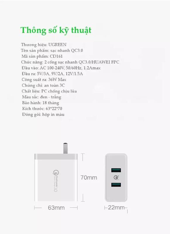 Ugreen UG40715CD161TK 36W màu Trắng Củ sạc nhanh 2 cổng USB chuẩn QC 3.0 - HÀNG CHÍNH HÃNG