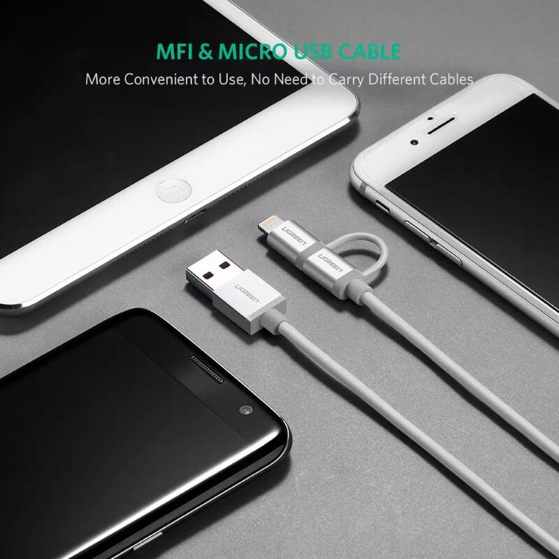 Ugreen UG20747US165TK 0.5M màu Trắng Cáp sạc đa năng USB sang MicroUSB + Lightning - HÀNG CHÍNH HÃNG