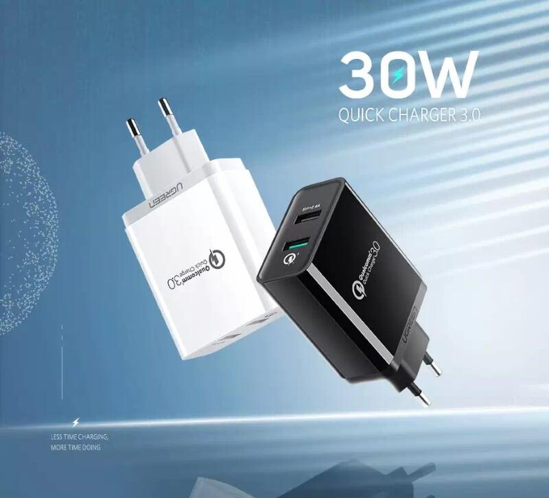 Ugreen UG30599CD132TK 30W màu Đen Củ sạc nhanh 2 cổng USB chuẩn QC 3.0 + 2.4A - HÀNG CHÍNH HÃNG