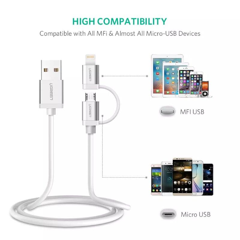 Ugreen UG20747US165TK 0.5M màu Trắng Cáp sạc đa năng USB sang MicroUSB + Lightning - HÀNG CHÍNH HÃNG