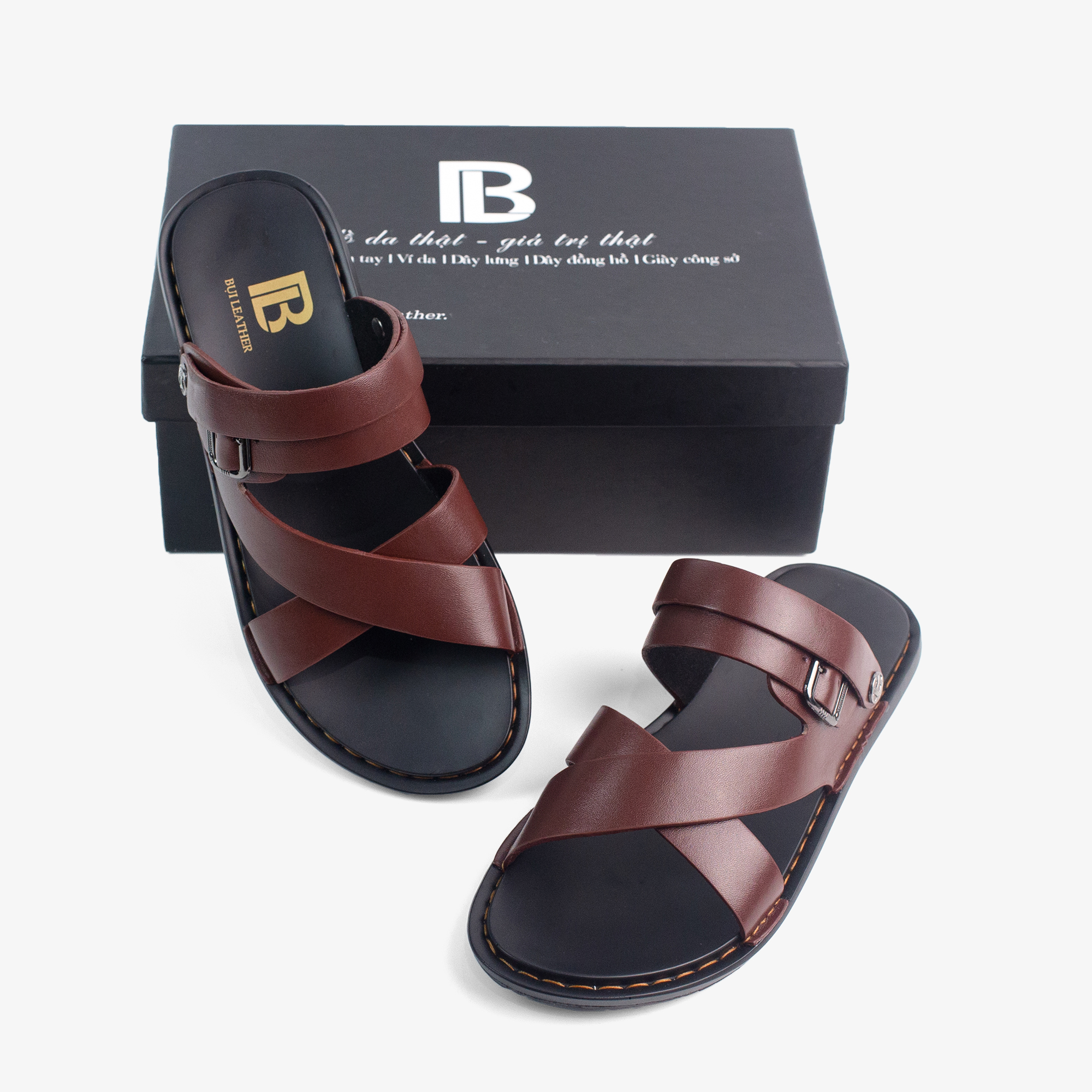 Dép nam quai ngang da bò Nappa cao cấp Bụi Leather E102, đế đúc nguyên khối khâu viền thủ công đi êm chân
