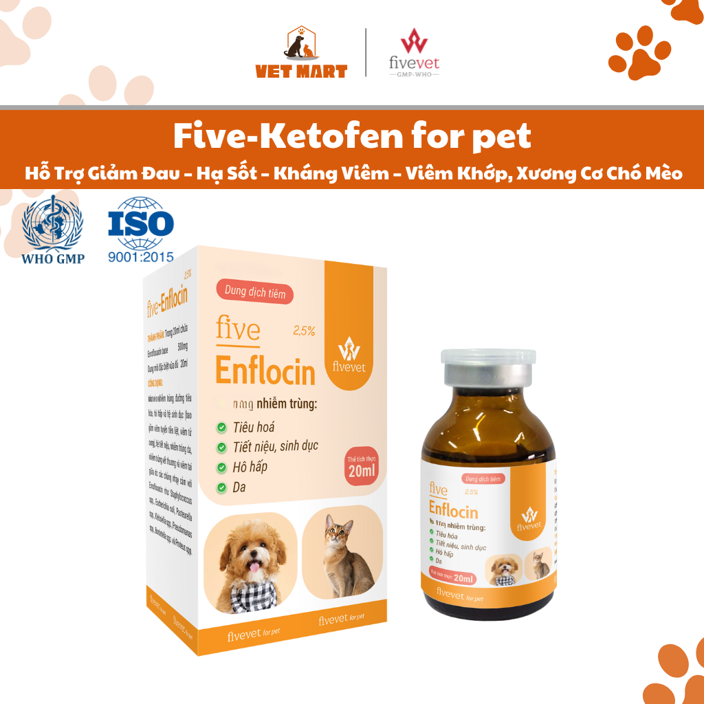Five-Enflocin 2.5% for Pet Hỗ Trợ Hô Hấp Tiêu Hóa Da Tiết Niệu Kháng Khuẩn Toàn Diện Cho Thú Cưng