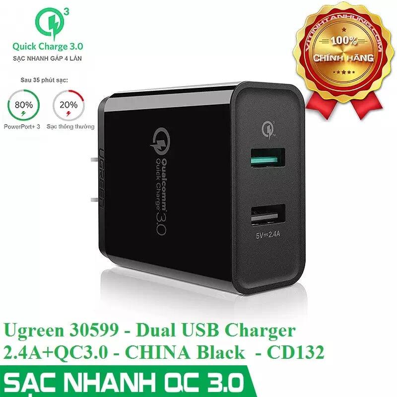 Ugreen UG30599CD132TK 30W màu Đen Củ sạc nhanh 2 cổng USB chuẩn QC 3.0 + 2.4A - HÀNG CHÍNH HÃNG