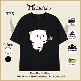 Áo đôi , áo thun cặp nam nữ tay lỡ Unisex mèo mochi dượt nhau form rộng vải cotton 100% T25T26 - Mr.Buffalo