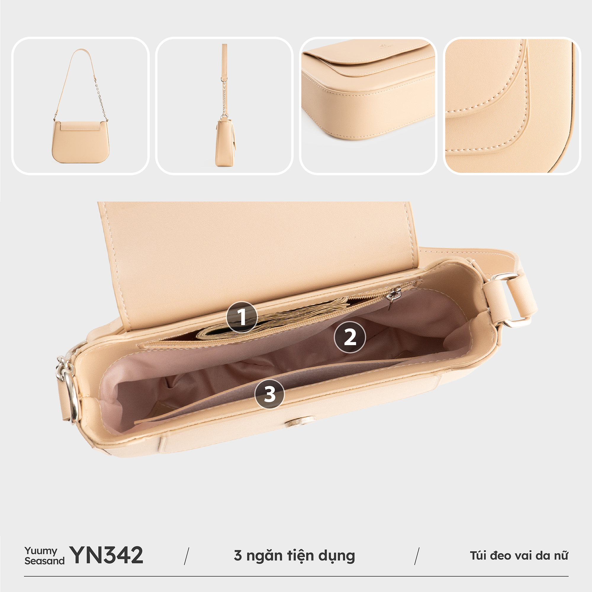 Túi Yuumy (Thời trang nữ nắp gập bo viền tối giản size 22- Túi đeo vai da Seasand YN342)