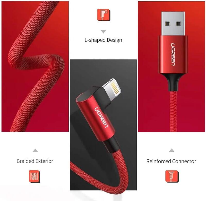 Ugreen UG60555US299TK 1m cáp usb lightning bọc nhôm chống nhiễu góc 90 độ màu đỏ - HÀNG CHÍNH HÃNG