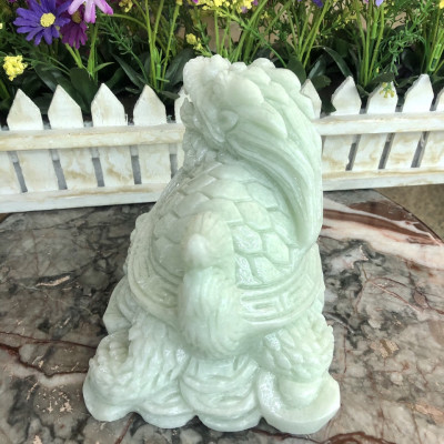 Tượng Long Quy ( Rùa đầu Rồng ) cõng gậy như ý phong thủy đá cẩm thạch trắng xanh - Dài 15 cm