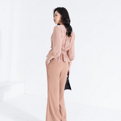 Áo sơ mi nữ thiết kế kiểu bèo eo thắt nơ tay bồng lỡ chất liệu xanh Recycled HeraDG SAKBC3019