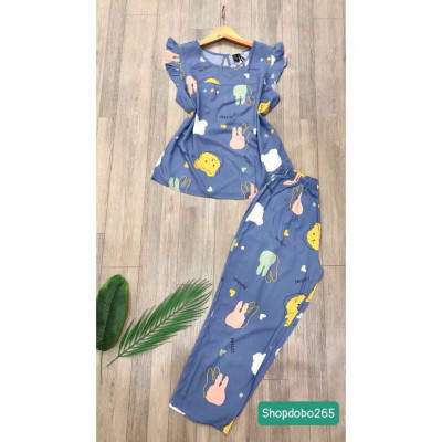 Đồ bộ nữ,đồ ngủ mặc nhà lửng 9 tấc tay cánh tiên vải lanh BL 52 họa tiết dễ thương size 51-70kg.