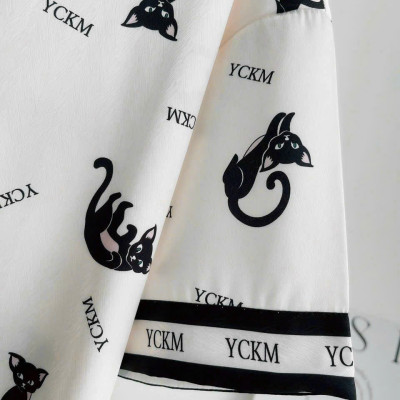 Đầm Ngủ Sơ Mi Lụa Quảng Châu Cổ Vuông Họa Tiết Mèo Con Dễ Thương