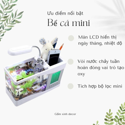 Bể Cá Mini Để Bàn Làm Việc 3 in 1 Kiêm Đồng Hồ  Siêu Dễ Thương Hàng Loại 1 - Chính Hãng MINIIN + Tặng sỏi trang trí bể cá,sỏi biển đủ kích thước - Màu Ngẫu Nhiên