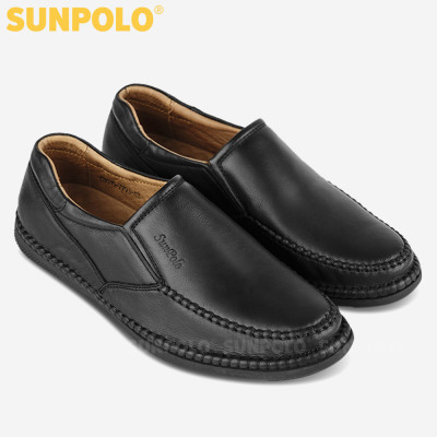 Giày lười nam da bò đế cao su mũi tròn SUNPOLO MOI015 có big size lớn 45 46