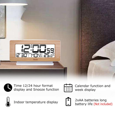 Đồng hồ kỹ thuật số FanJu có chức năng hiển thị nhiệt độ, mặt gỗ thời trang, đèn nền màn hình LCD với phông chữ lớn dễ đọc