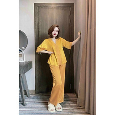 Bộ Đồ Ngủ Tay Ngắn Quần Dài Cổ Lam Nhiều Màu Lụa Cao Cấp - Dưới 60kg
