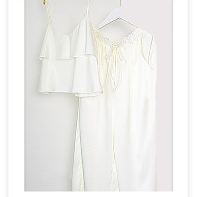 Đồ bộ mặc nhà phi lụa WANNABE BDS07 bộ dài áo croptop, quần dài ống suôn thắt nơ eo, áo ba lỗ lưng ren xinh đẹp