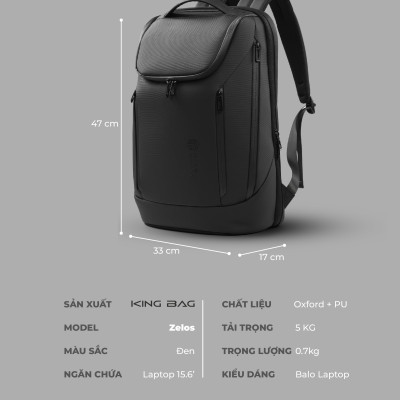 Balo laptop 15” KINGBAG ZELOS thời trang, tích hợp cổng USB đa dụng, vải trượt nước, màu đen - Hàng chính hãng