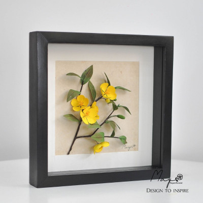 Tranh Hoa Giấy Handmade Trang Trí - Hoa Mai Kết Hợp Giấy Dó MAYPAPERFLOWER Khung Tranh Gỗ Size 25x25cm