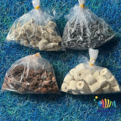 Combo 100g Combo 4 Loại Vật Liệu Lọc Hồ Cá: Than Hoạt Tính +Sứ Trắng 
+- San Hô+ Nham Thạch =100G